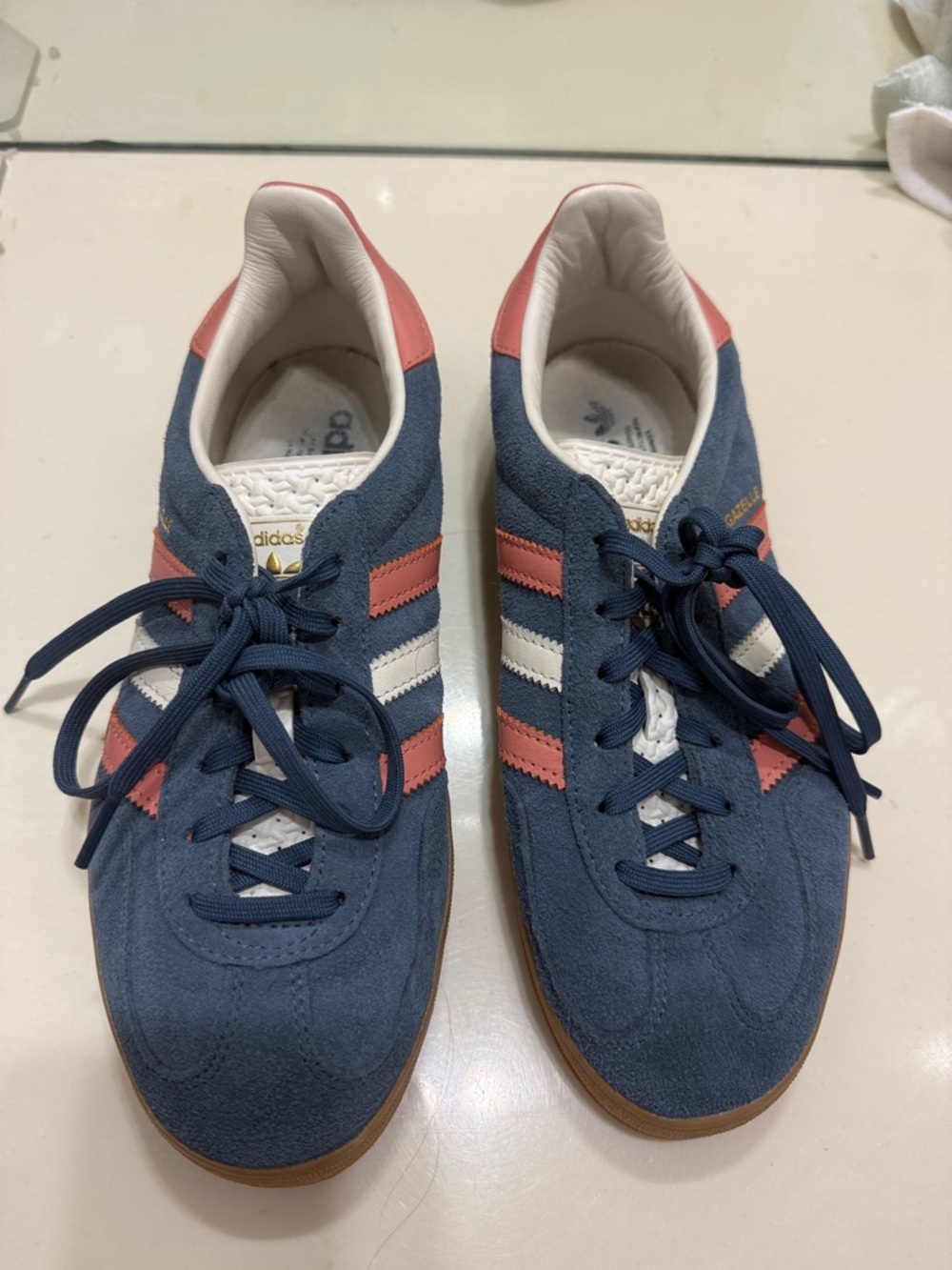 adidas navy suede sneakers with pink & white stripes